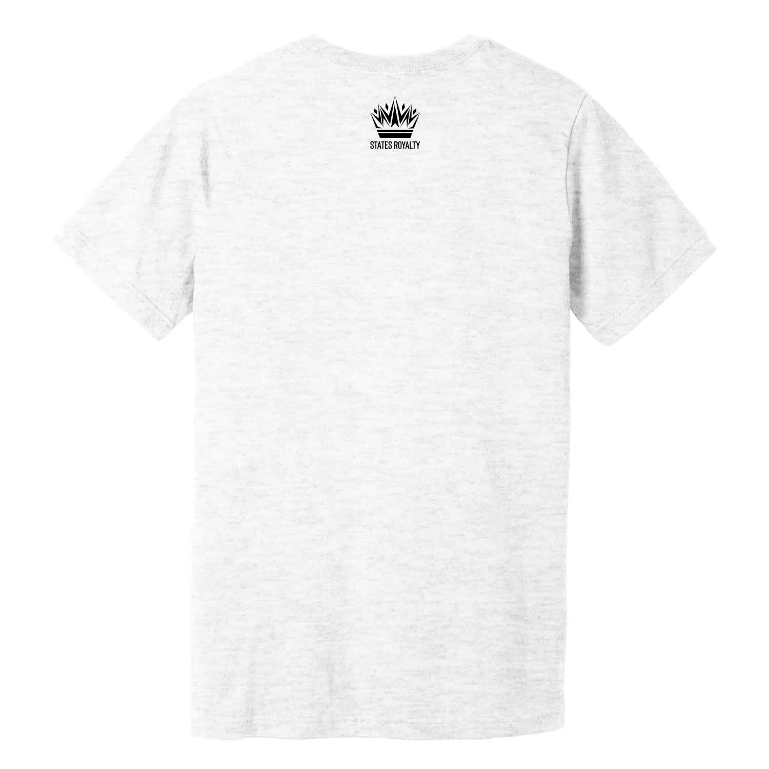 White heather T-shirt back view with a small black crown logo and the words 'STATES ROYALTY' near the neckline.