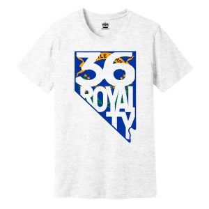 White T-shirt with a bold blue shield graphic and oversized white '365 ROYAL' text, featuring tropical patterns in orange, green, and yellow inside the letters.