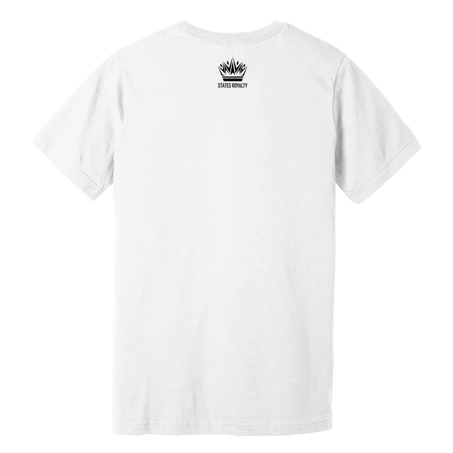 White short-sleeve T-shirt viewed from the back with a small black crown logo and 'STATES ROYALTY' text at the upper center.