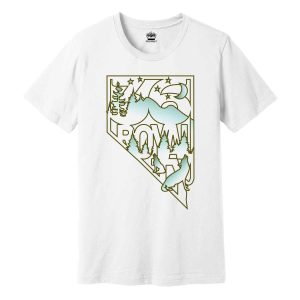 White T-shirt featuring a geometric outdoor scene with mountains, trees, a moon, stars, and two wolves at the bottom inside a shield-like frame