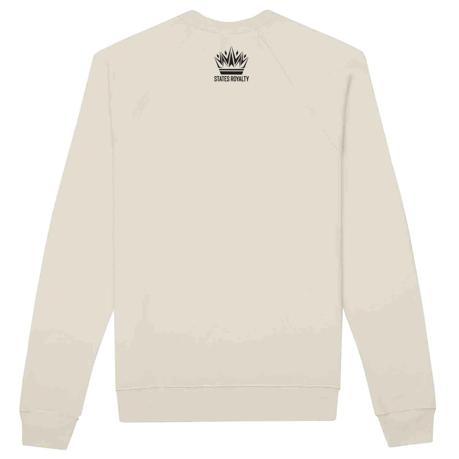Back view of a beige sweatshirt with a small black crown logo and the text 'States Royalty' on the upper back.