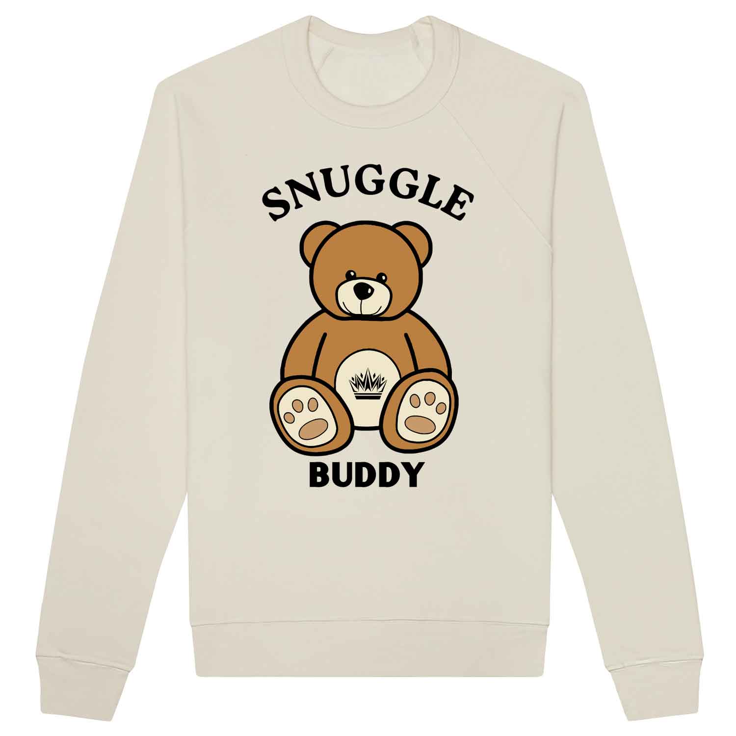 Beige sweatshirt with a brown teddy bear graphic and the words ‘Snuggle Buddy’ printed on the front.