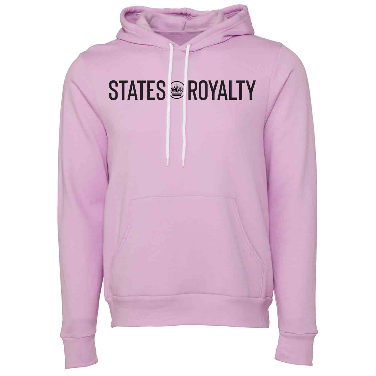 Pink pullover hoodie with white drawstrings and the words 'STATES ROYALTY' printed across the chest.