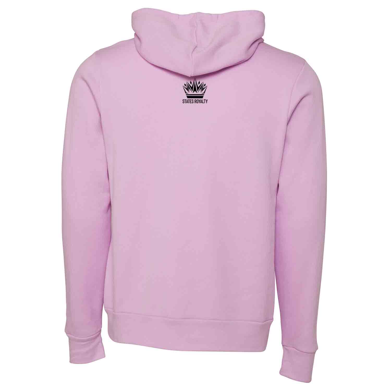 Back view of a light pink hoodie with a small black crown logo and the text 'STATES ROYALTY' on the upper center back.
